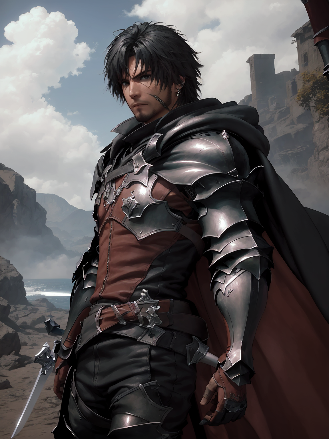 00711-419093225-(best quality, masterpiece, detailed), 8K, 1boy, facial hair, earrings, armor, cape, sword on back, , dynamic pose, dynamic view.png